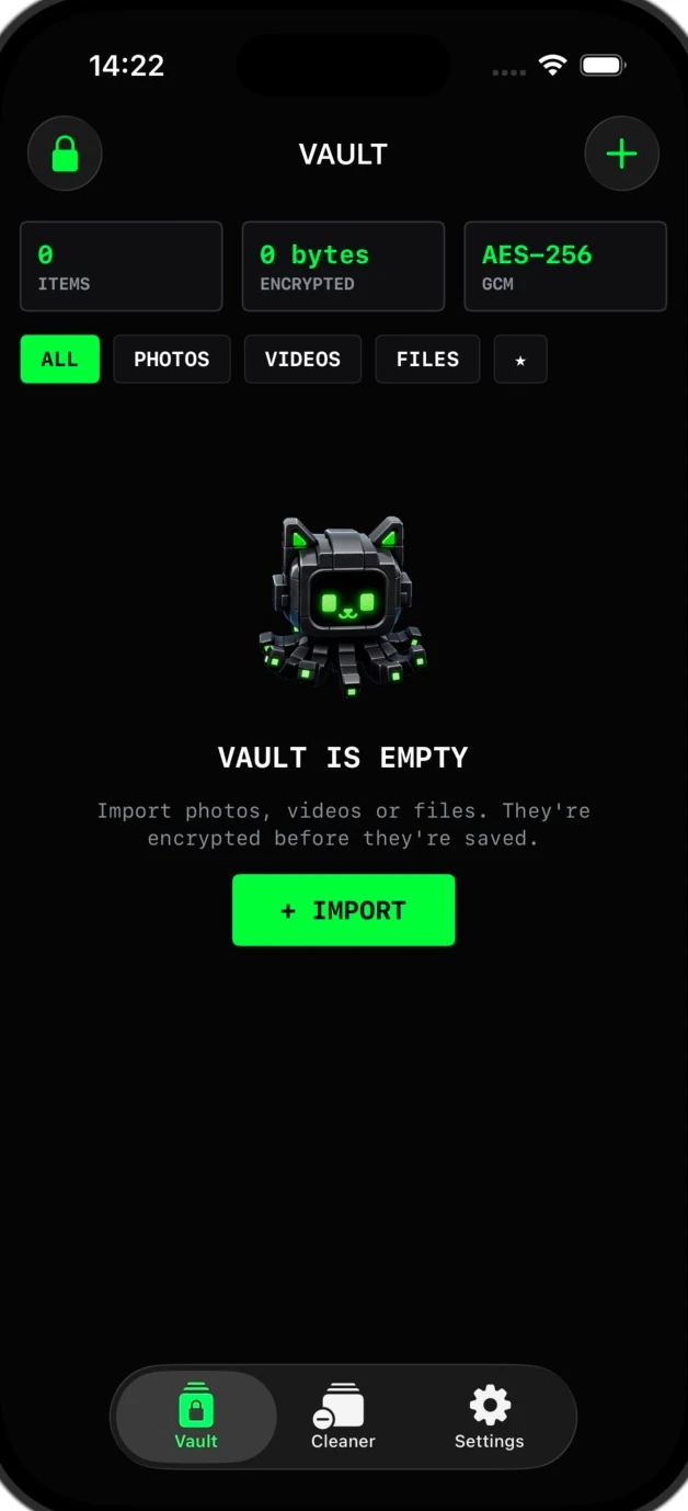 Octoshield’s real encrypted vault screen